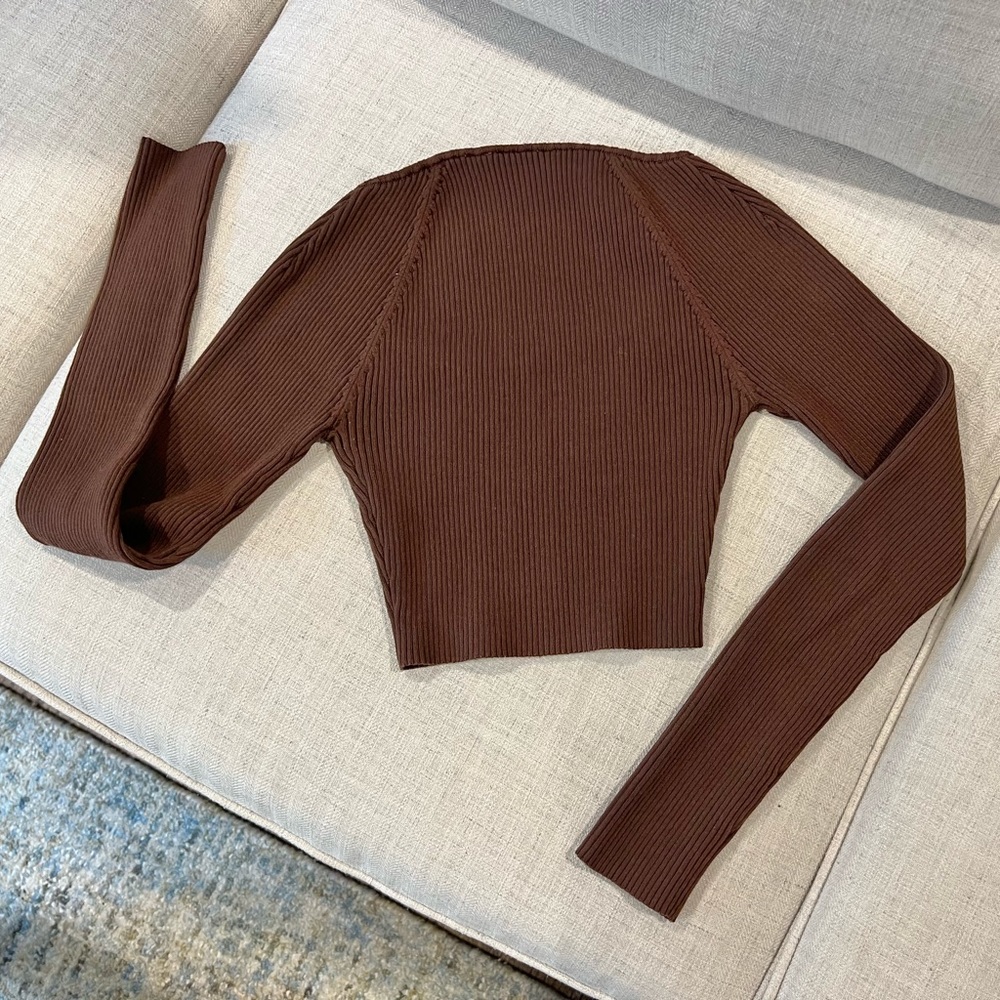 Brown Ribbed Crew Neck Sweater - Picture 2 of 15